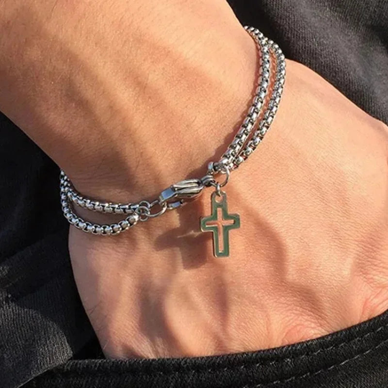 Hop Punk Double Chain Cross Bracelet